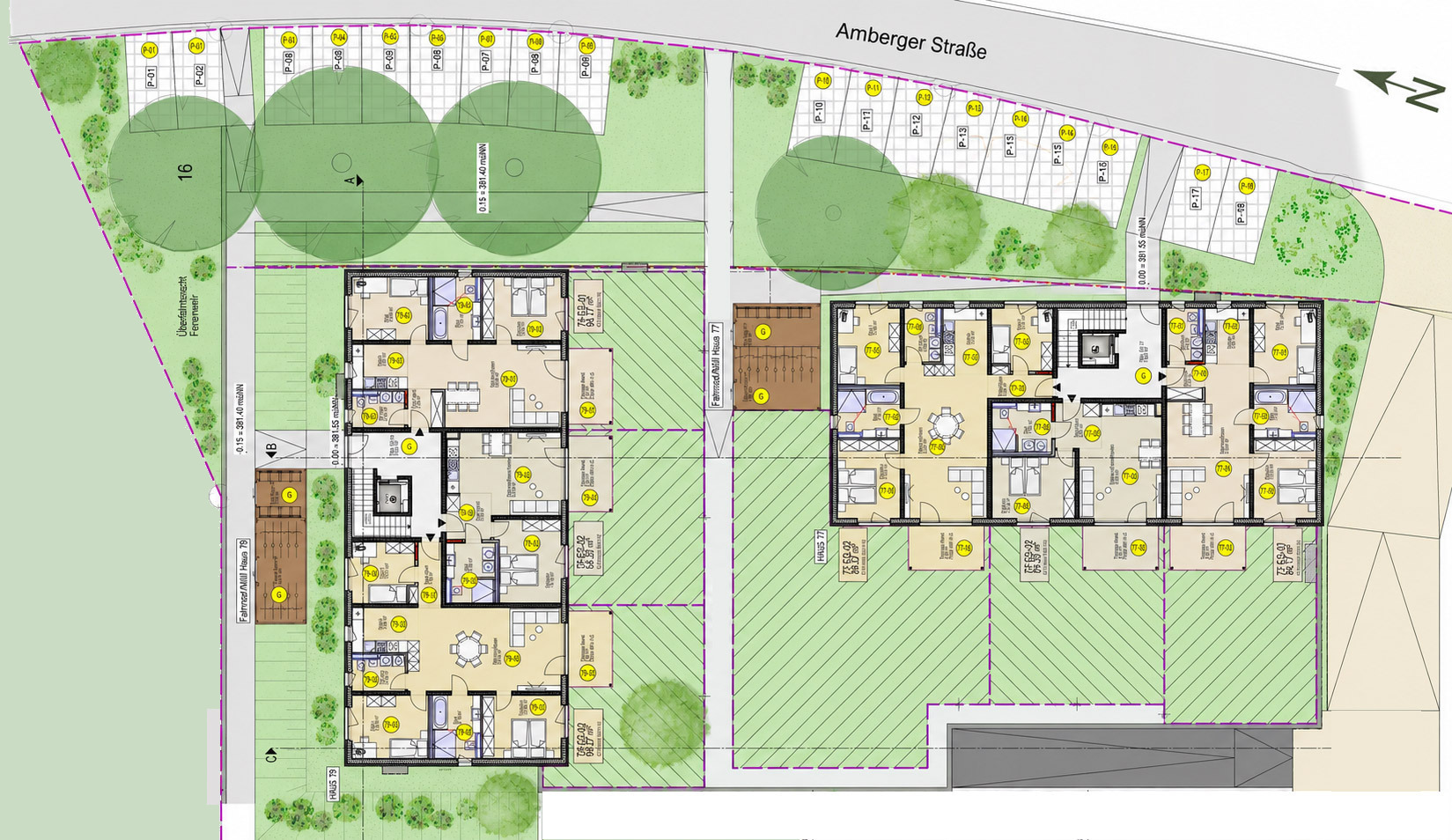 Aufteilungsplan des Stadtgarten Amberg mit Haus A in der Amberger Straße 79 und Haus B in der Nummer 77