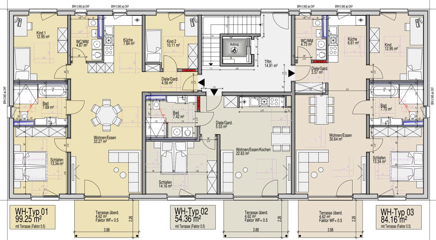 Grundriss von Haus A im 2. Obergeschoss mit drei Wohnungen